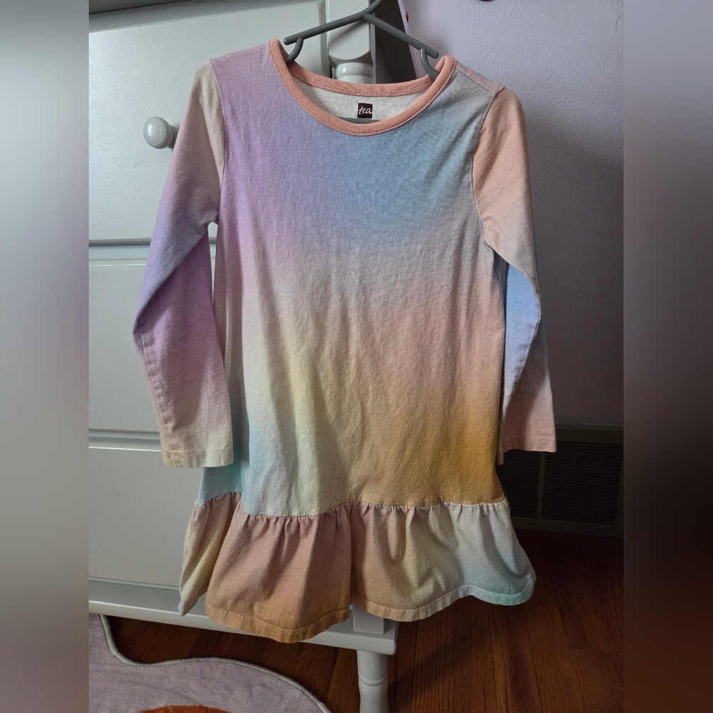 Tea Collection Pastel Rainbow Tie-Dye Ruffle Hem Long Sleeve Dress Size 6